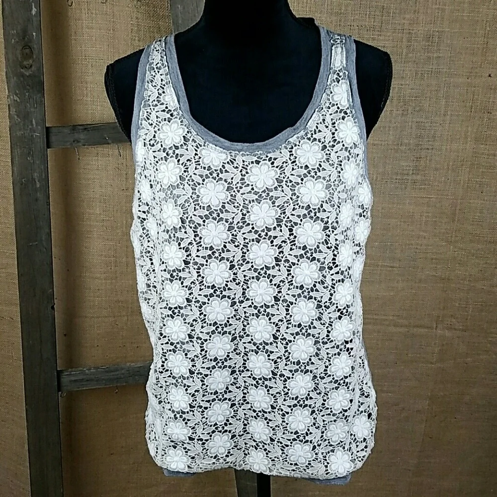J. Crew women M crocheted lace tank top gray sleeveless grungecore punk boho‎